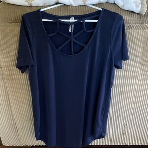 Zenana Outfitters Midnight Blue Navy Short Sleeve Strappy Front Top New L